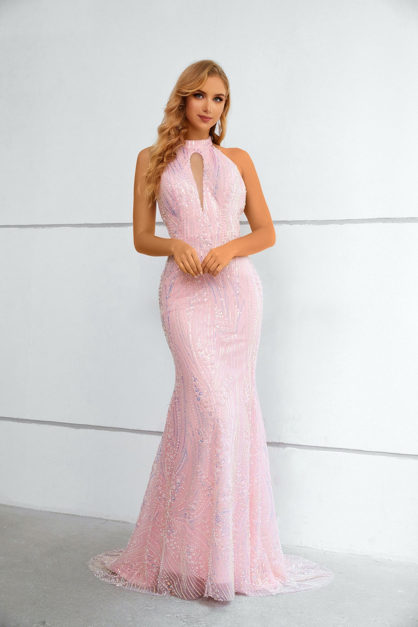 Pink Halter Backless Sequins Beading Mermaid Prom Dresses