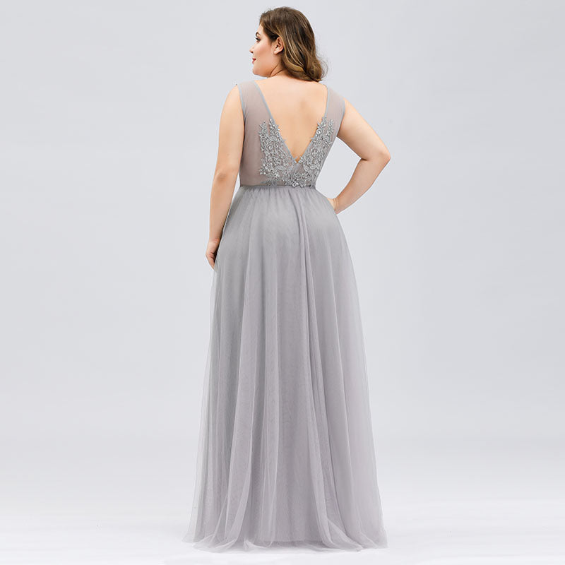 Light Gray Long V-neck Floor Length Prom Dresses With Appliques Plus Size Prom Gowns