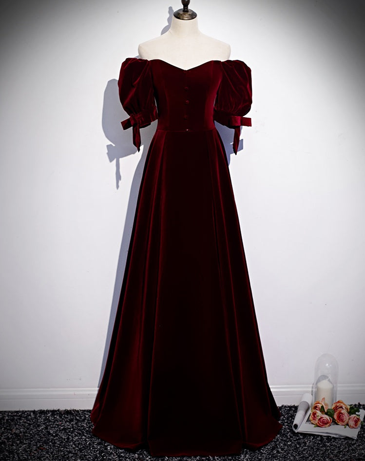 Modest Charming Burgundy Long Prom Dresses Vintage Evening Dresses With Bowknot