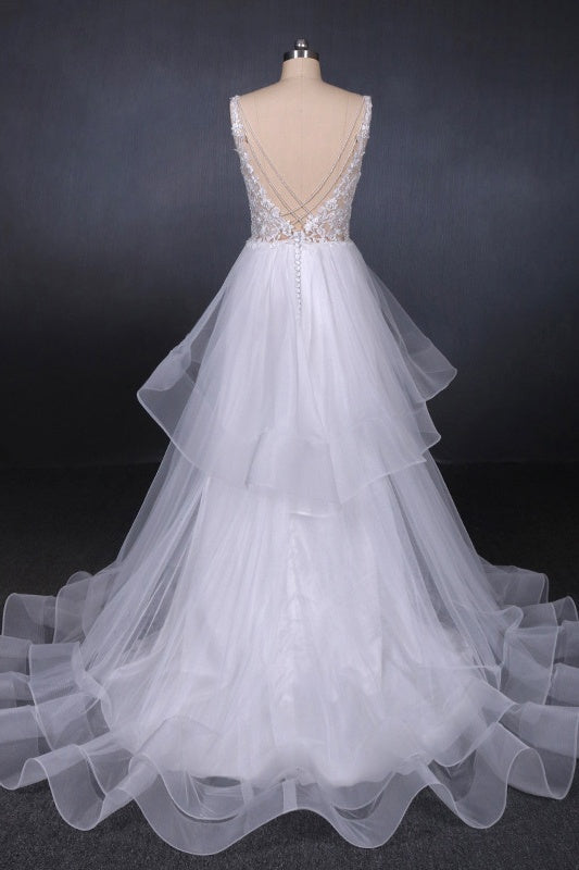 Charming V-neck Lace Wedding Dresses Elegant Backless Wedding Gowns