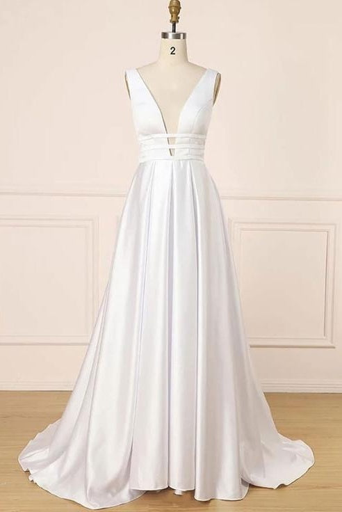 Elegant Ivory V-neck Simple Satin Prom Dresses With Pockets