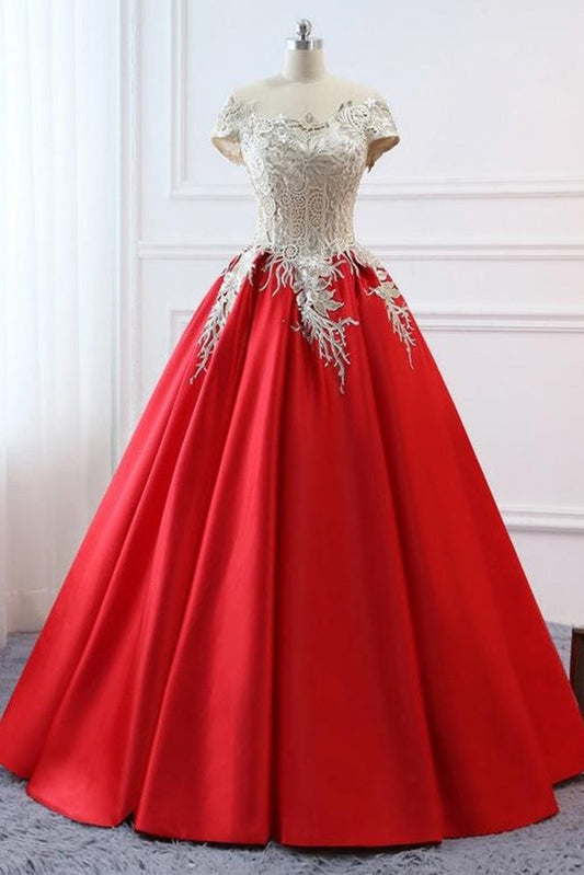 Modest Red Cap Sleeves Ball Gowns Lace Satin Prom Dresses Evening Dresses