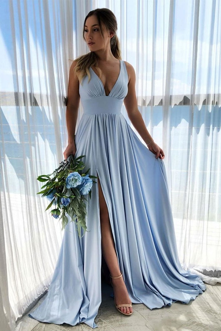 Simple Front Split Light Blue V-neck Elegant Long Prom Dresses