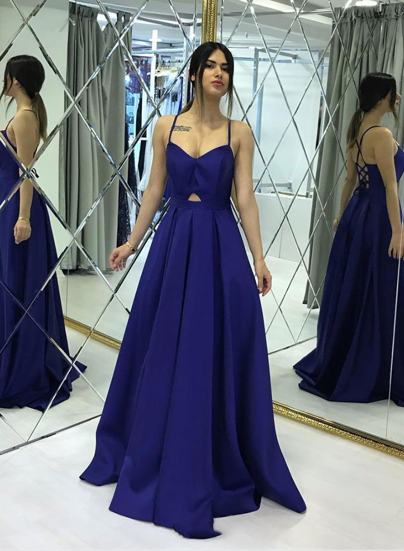 Spaghetti Straps Backless Simple A-line Long Blue Party Prom Dresses For Teens