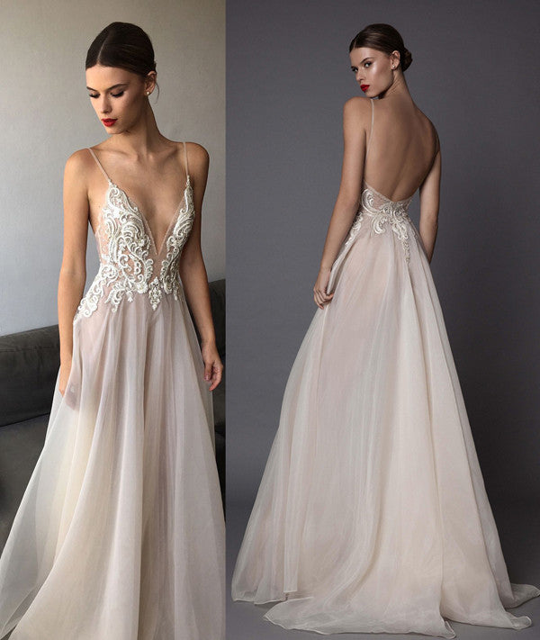 Illusion Spaghetti Straps Ivory A-line Deep V Neck Backless Long Prom Dresses