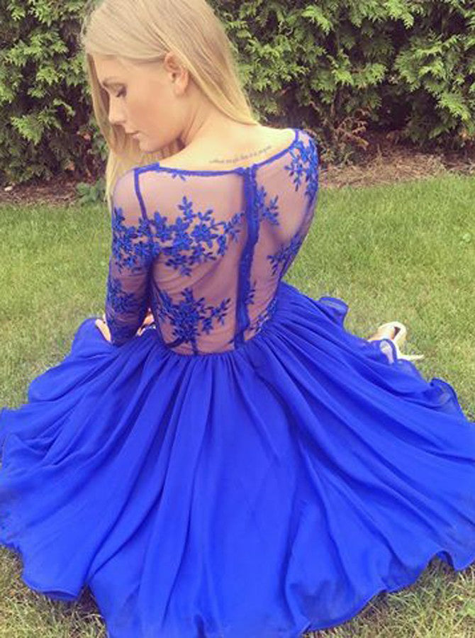 Royal Blue A-Line Long Sleeves V-Neck Illusion Lace Short Prom Dresses