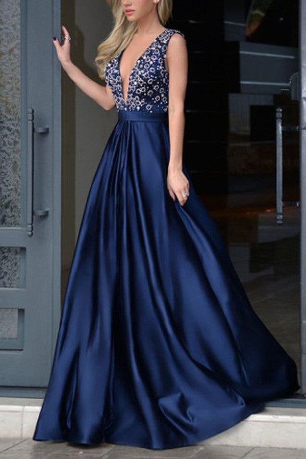 Sexy V Neck Floor Length V Back Beading Prom Dresses