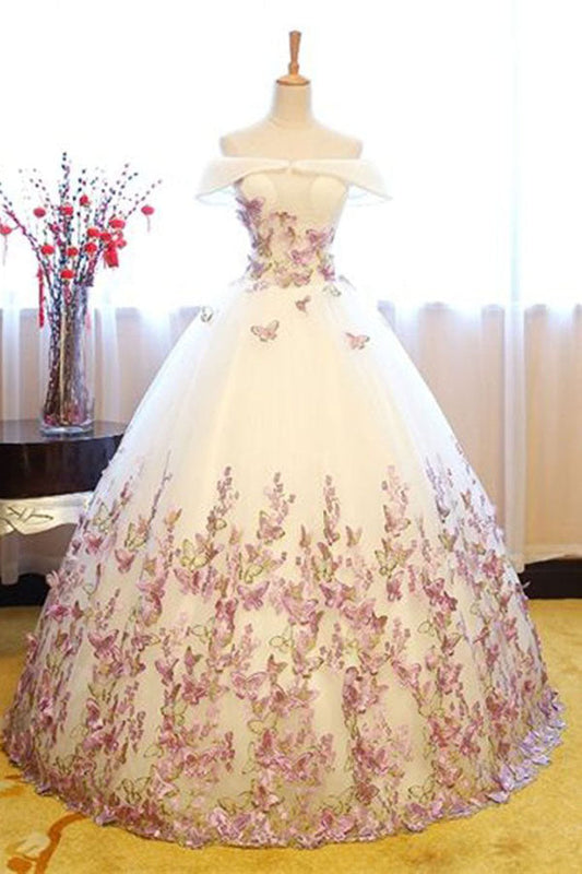 Elegant Off the Shoulder Tulle Floor Length With Appliques Prom Dresses