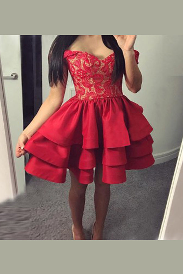 Red Off Shoulder Appliques Ruffles Short Homecoming Dresses