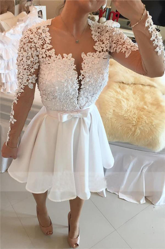 Ivory Square Long Sleeve Keyhole Back Appliques Beading Homecoming Dresses