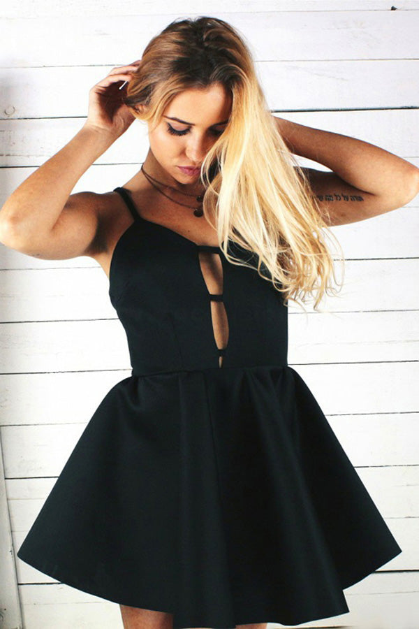 Black A Line Sweetheart Spaghetti Sleeveless Mid Back Short Homecoming Dresses