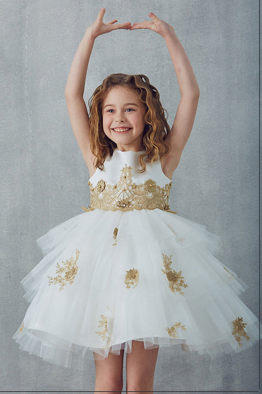 Satin Sleeveless With Beaded Appliques Round Neck Ball Gown Flower Girl Dresses