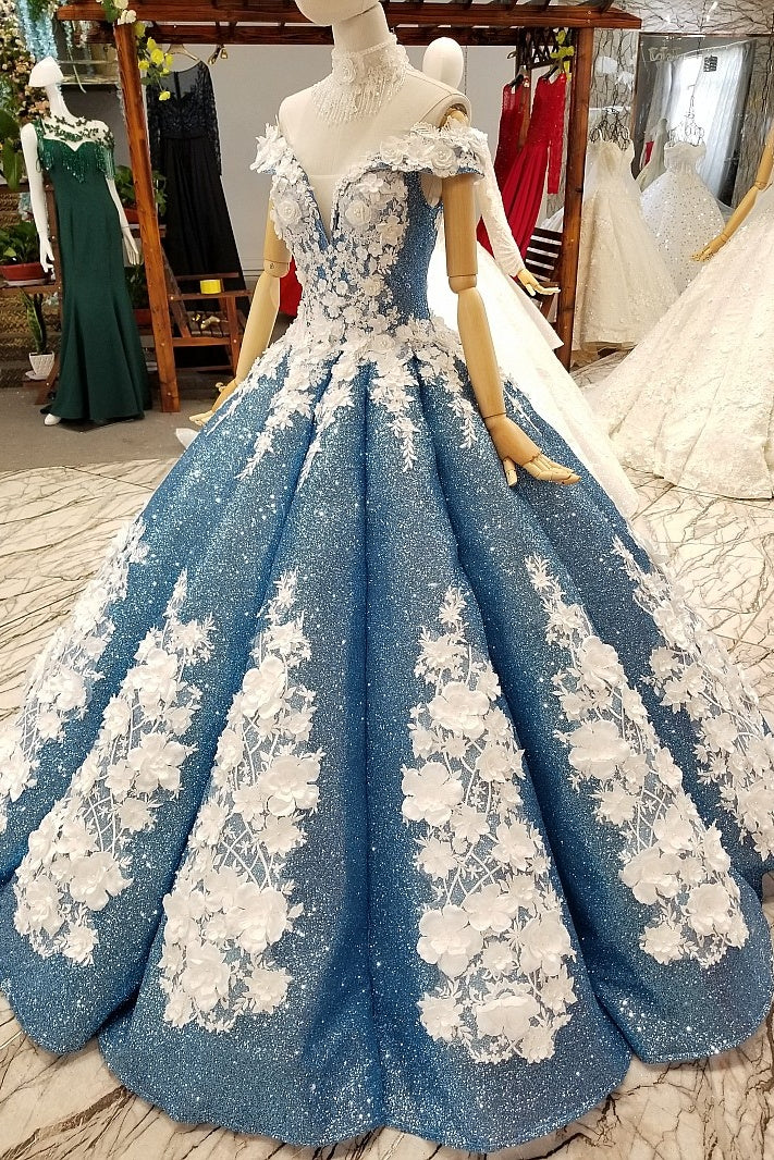 Glitter Blue Off The Shoulder Lace Up Long Ball Gown Wedding Dresses Princess Dresses