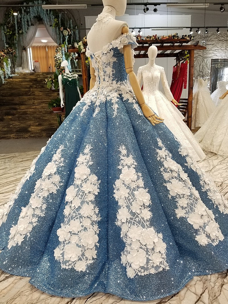 Glitter Blue Off The Shoulder Lace Up Long Ball Gown Wedding Dresses Princess Dresses