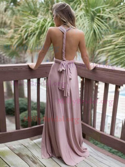 Pink V Neck Sweep Train A Line Backless Party Dresses Bridesmaid Dresses