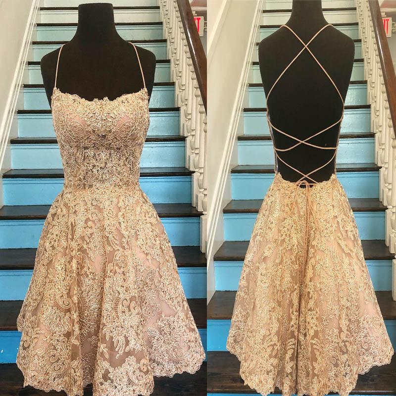 Unique Spaghetti Straps Crisscross Back A-Line Kiera Homecoming Dresses Lace Short Gold 04