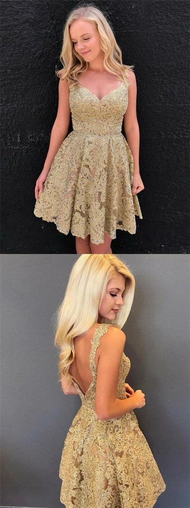 Unique V-Neck Jadyn Homecoming Dresses Lace Sleeveless V-Back Gold 08