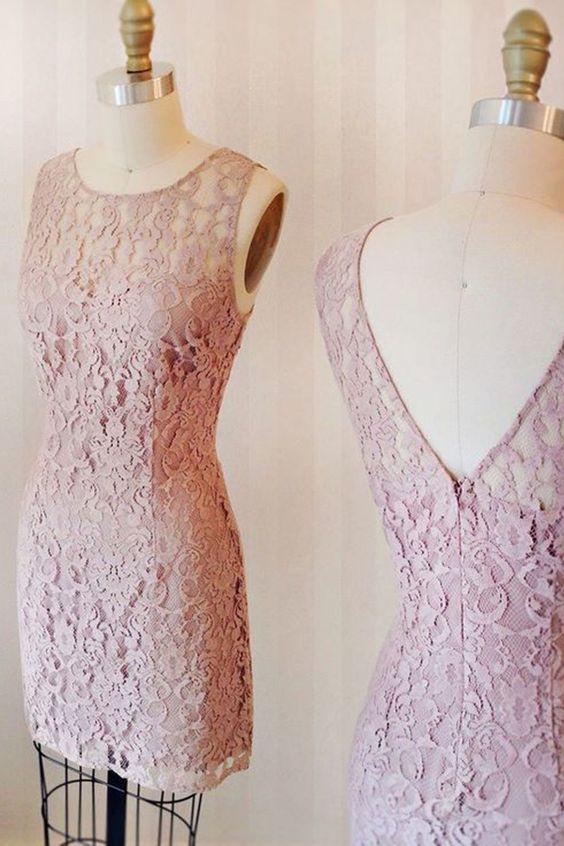 Sasha Pink Lace Homecoming Dresses Sheath Crew Knee-Length 10104