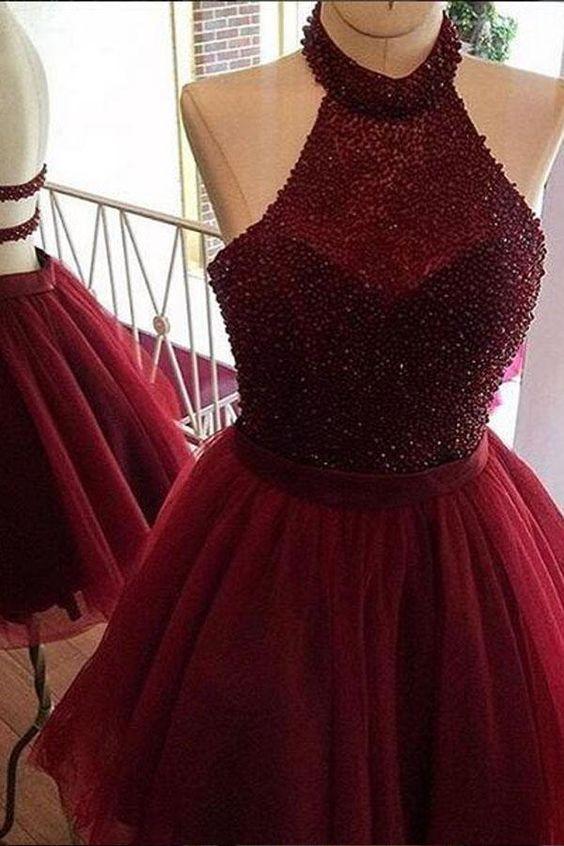 Burgundy Halter Party Dress A Line Homecoming Dresses Esmeralda 101