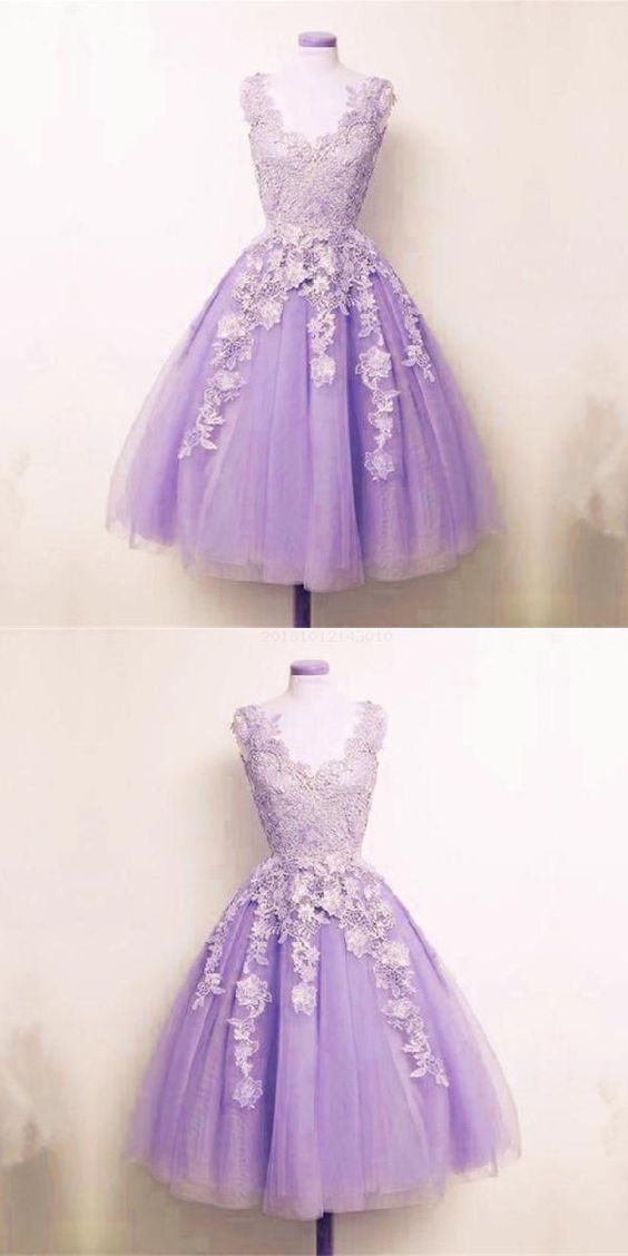 Homecoming Dresses Lace Kaylah Fetching Appliques Lilac Tulle Appliques A-Line Short 10454