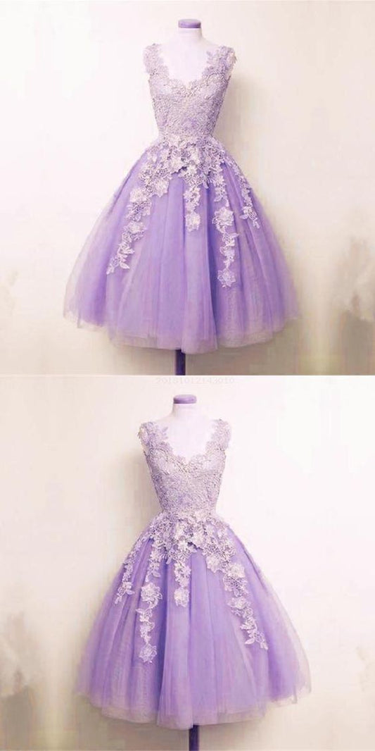 Homecoming Dresses Lace Kaylah Fetching Appliques Lilac Tulle Appliques A-Line Short 10454