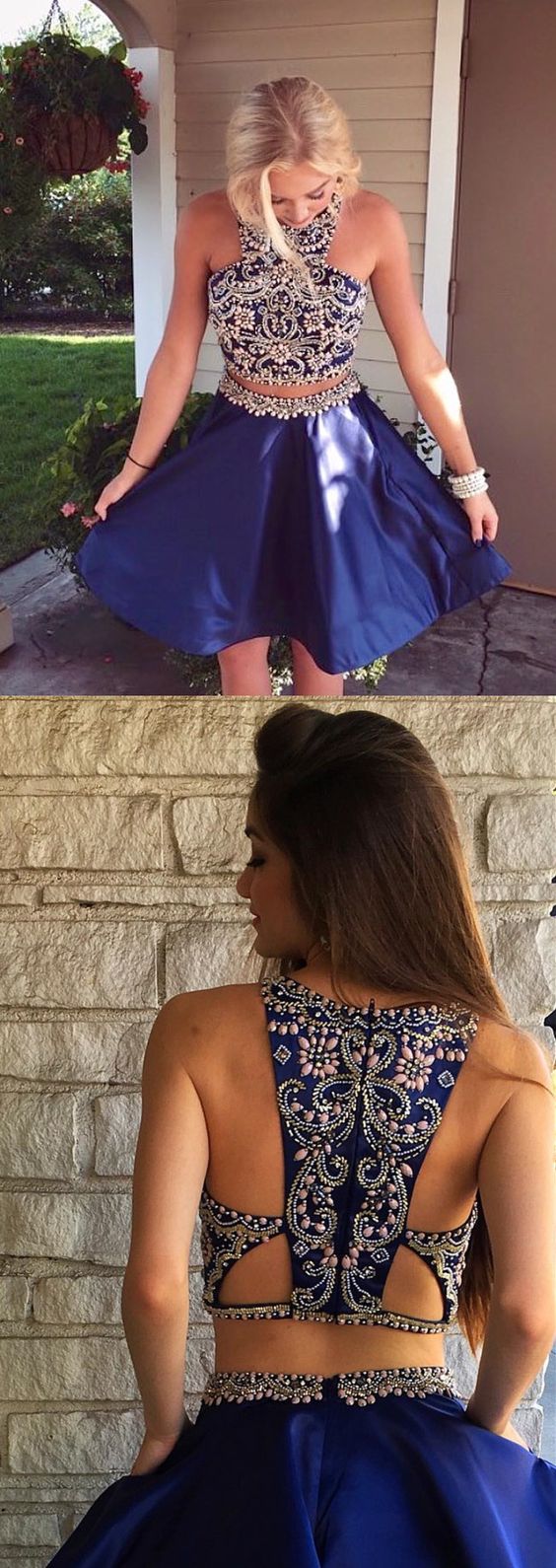 Two Piece Short Navy Blue Dresses Beaded Short Homecoming Dresses Chana Dancing Dresses 1082