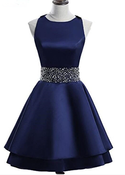 Navy Blue Layers Cross Back Satin Homecoming Dresses Monserrat 10845