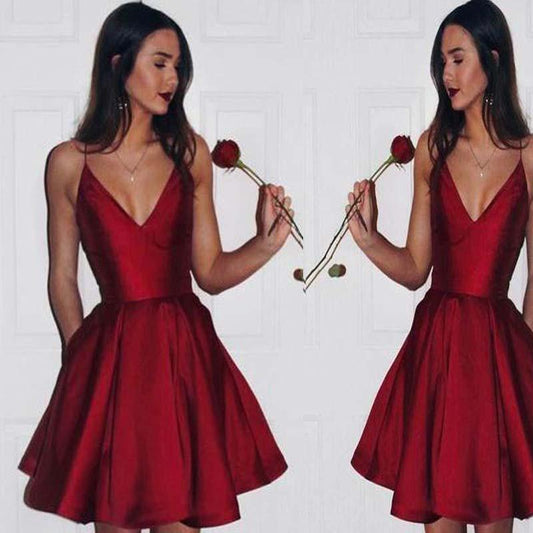 Hot Sale Red Spaghetti Straps V-Neck A-Line Homecoming Dresses Katharine Satin Cheap 10