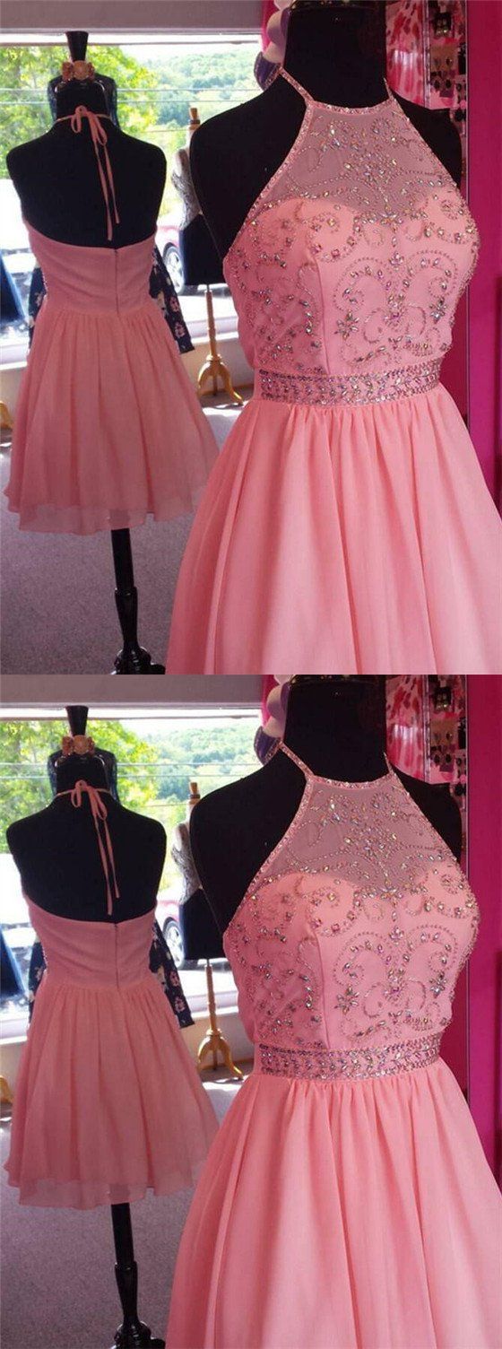 Halter Top Beading Open Pink Charity Chiffon Homecoming Dresses Back A-Lin Short Cheap 111