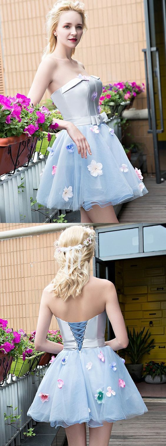 A-Line Strapless Elliana Homecoming Dresses Short Light Blue Tulle With Flowers Simple 1111