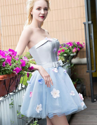 A-Line Strapless Elliana Homecoming Dresses Short Light Blue Tulle With Flowers Simple 1111