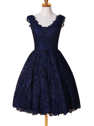 A-Line V-Neck Homecoming Dresses Lace Vanessa Blue Simple 1115