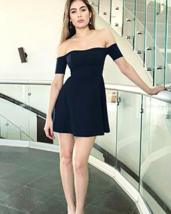 A-Line Off-The-Shoulder Short Sleeves Short Black Simple Homecoming Dresses Jasmine 1117