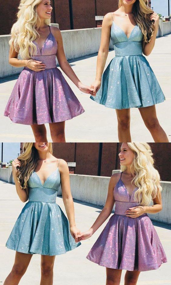 Jaelyn Cocktail Homecoming Dresses Spaghetti Straps V Neck Mini Aqua Silver Dress 11561