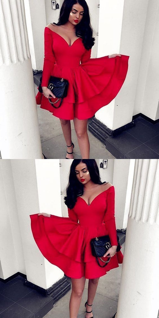 Red Long Homecoming Dresses Raelynn Sleeve Ruffled 11902