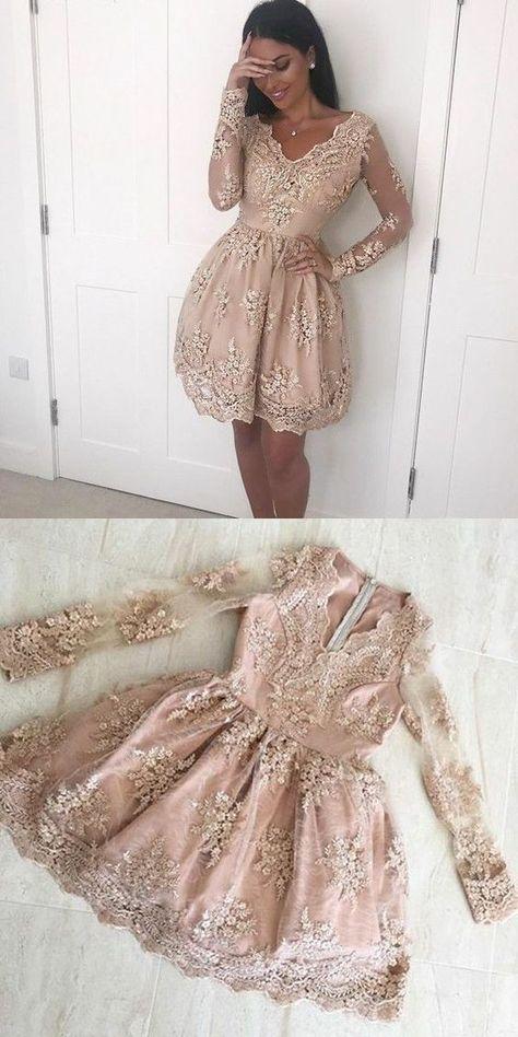 V Litzy Lace Homecoming Dresses Neck Champagne Short With Appliques Cute 12