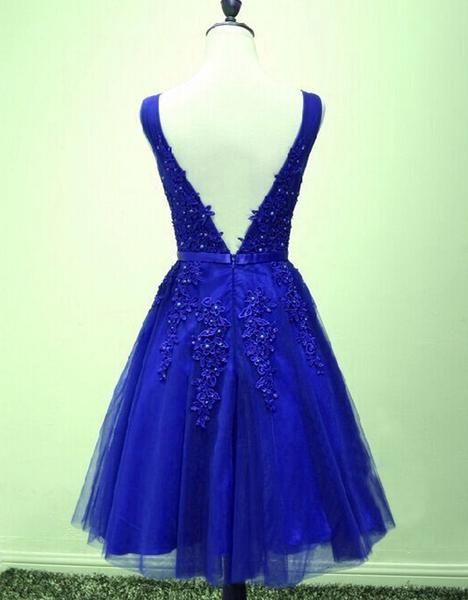 Lovely Blue V-Neckline Applique Lace Viv Homecoming Dresses 12263