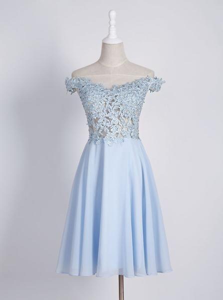 Light Blue Freshman Off Shoulder Sweet 16 Dress Knee Length Short Claire Homecoming Dresses 1287