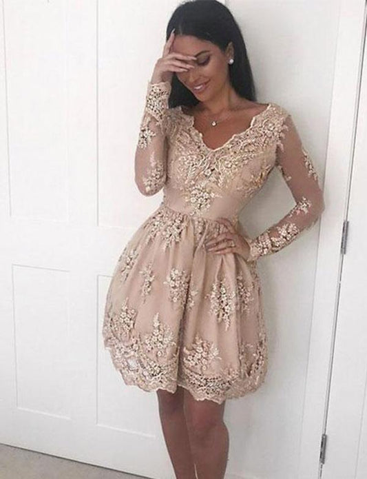 V Litzy Lace Homecoming Dresses Neck Champagne Short With Appliques Cute 12