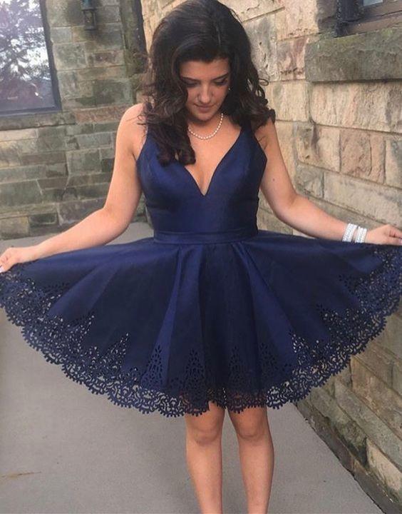 A-Line V Neck Navy Blue Rhianna Homecoming Dresses Short 13833