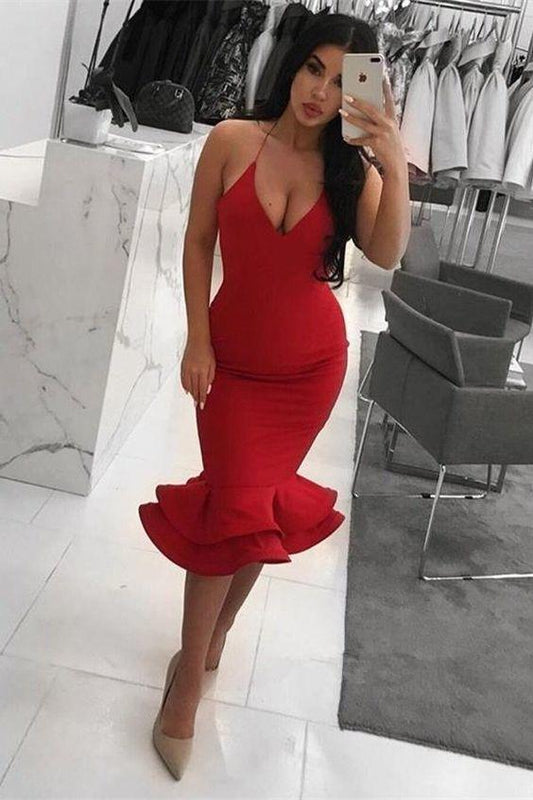 Spaghetti Straps Short Mermaid Homecoming Dresses Lilith Red Sheath Simple Beauty 14059