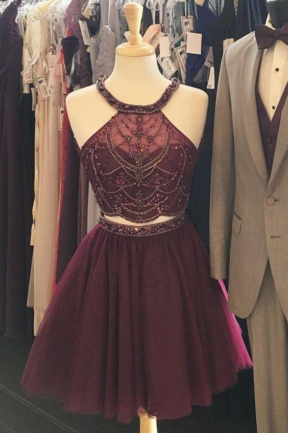 Halter Homecoming Dresses Tania Two Piece Burgundy Beaded Party Dresses 1484