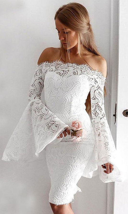 Sheath Off-The-Shoulder Homecoming Dresses Lace Jessica Bell Sleeves Knee-Length White Party Dress 151