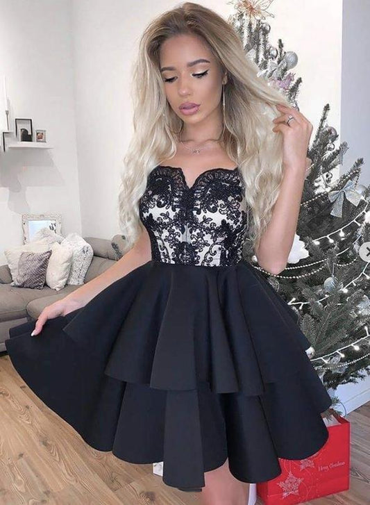 Lace Kaitlynn Homecoming Dresses Satin Black Short 15251