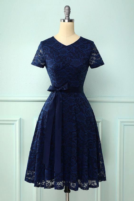 Navy Short Sleeves Lace Amari Homecoming Dresses 18204