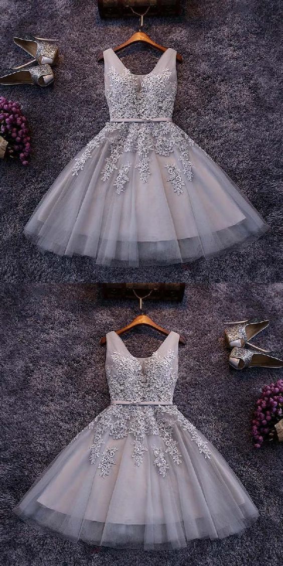 Homecoming Dresses Arely Short Gray Tulle Appliqued 184