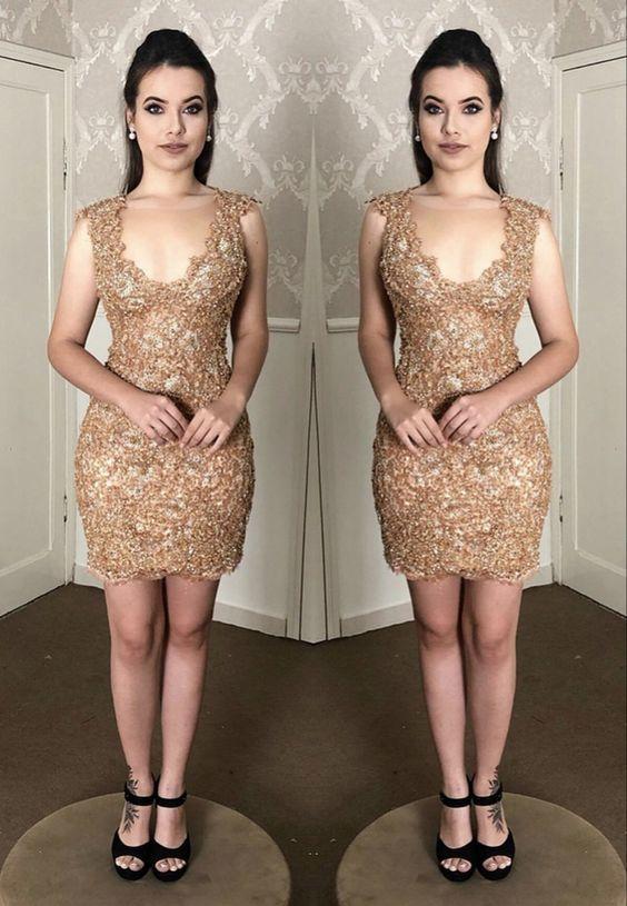 Homecoming Dresses Brooklynn Lace Elegant Gold Short 18936