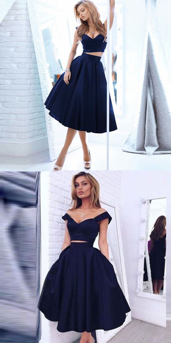 Elegant Off-The-Shoulder Two-Piece Homecoming Dresses Adrienne Tea-Length Navy Cheap 20