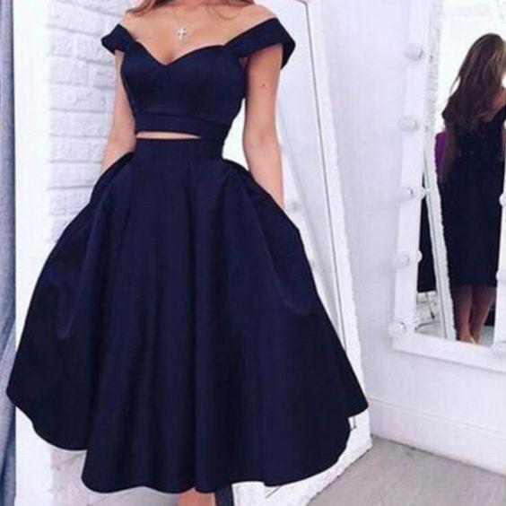 Elegant Off-The-Shoulder Two-Piece Homecoming Dresses Adrienne Tea-Length Navy Cheap 20