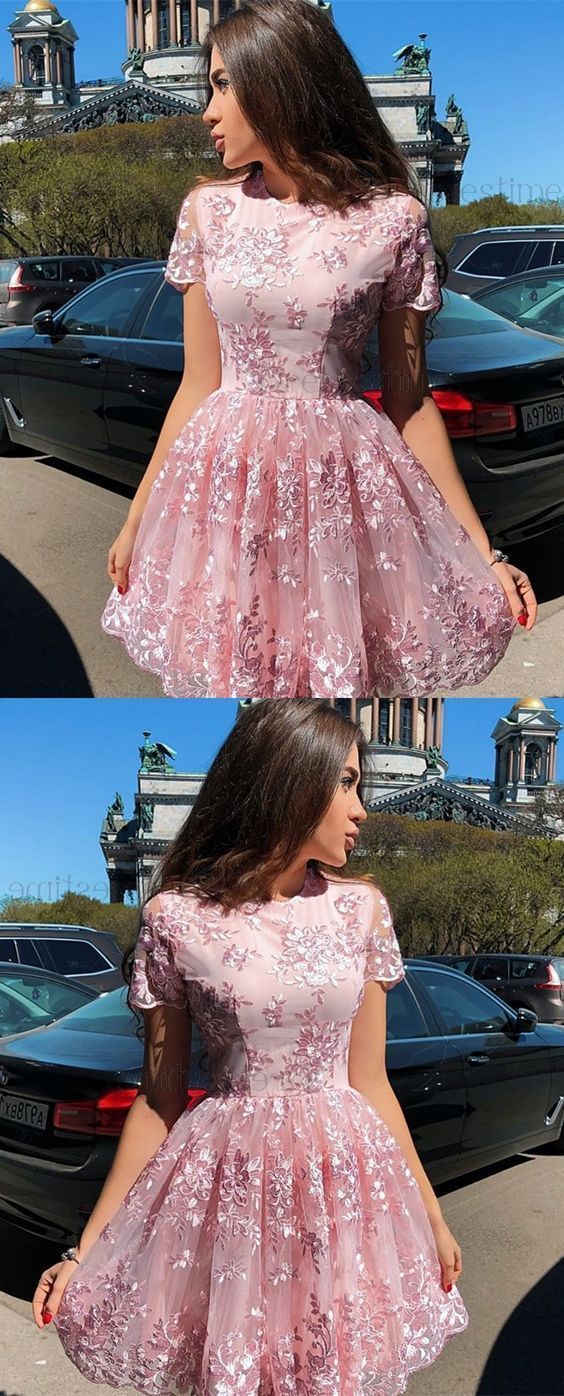 Cute Round Karma Homecoming Dresses Pink Lace A Line Neck Cap Sleeves Short 211